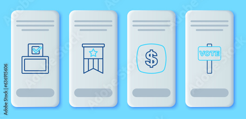 Set line American flag, Dollar symbol, Vote box and icon. Vector