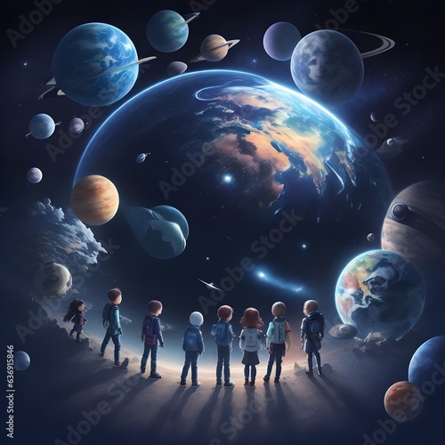 Detailed and realistic illustration of children exploring a virtual world with stars and planets