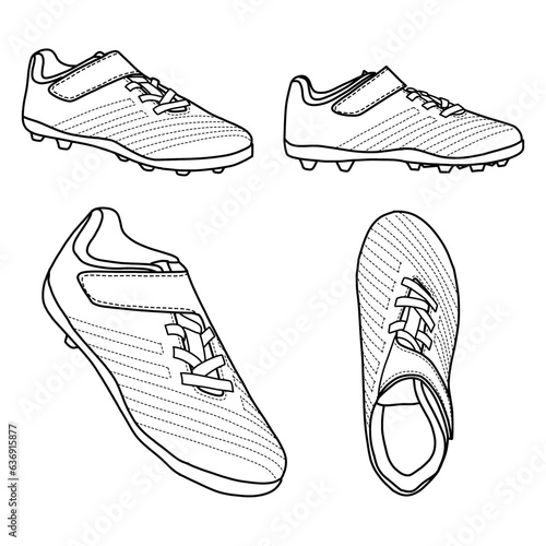 Technical sketch drawing of football shoes or soccer vector template, top, front and side view, isolated on white background, suitable for your custom football shoes design, editable color and stroke.