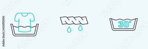 Set line Temperature wash, Basin with shirt and Squeeze clothes icon. Vector