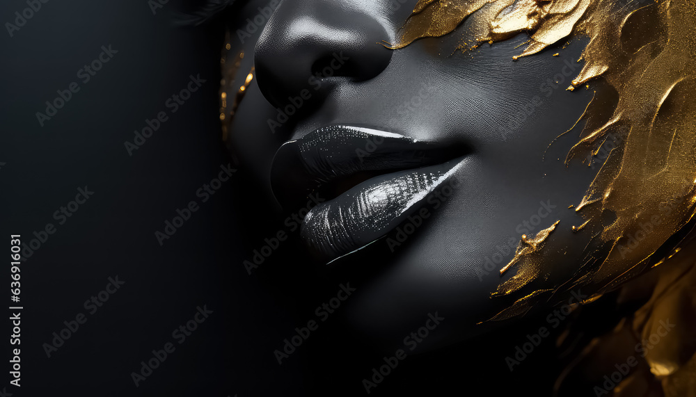 black painted woman's face with gold details, in the style of photorealistic accurac - obrazy, fototapety, plakaty 