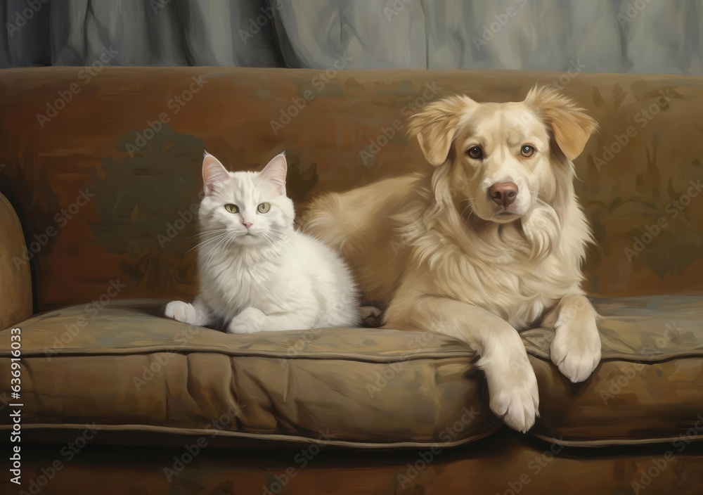 Cat and dog lying on the couch