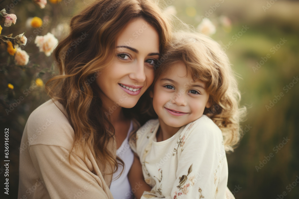 Mother holding her daughter in her arms in middle of beautiful nature , parent child family relationship concept