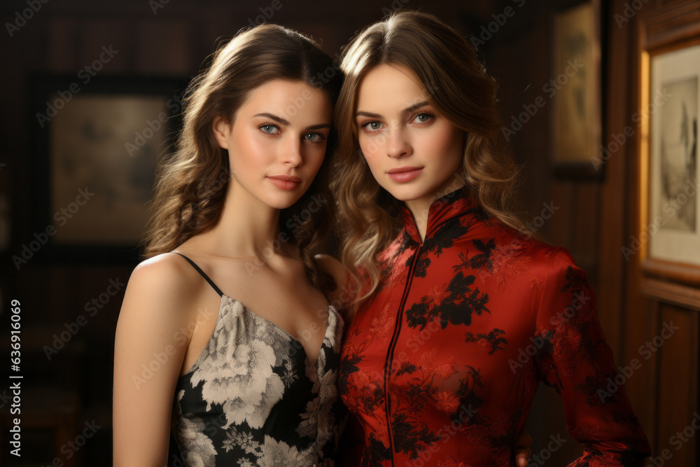 Fototapeta premium Two caucasian women friends wearing asian style clothing dress