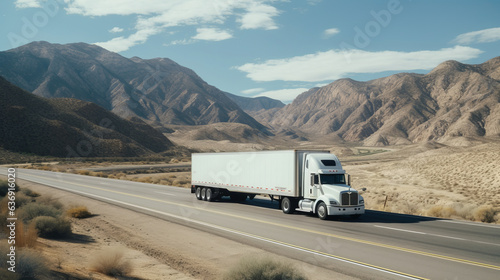 White cargo truck with a white blank empty trailer on highway road with beautiful nature mountains and sky, driving in motion
