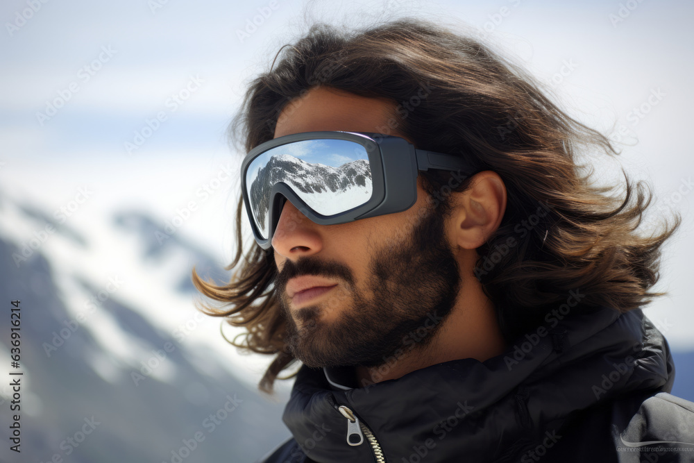 Man alpine climber portrait wearing ski goggles with snowy mountain in background Man alpine climber portrait wearing ski goggles with snowy mountain in background