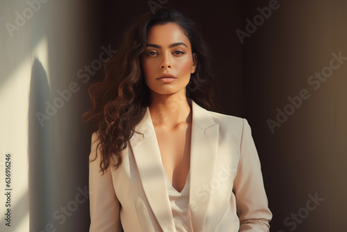 Beautiful woman wearing a structured blazer , Elegance of business female at work with wavy hair