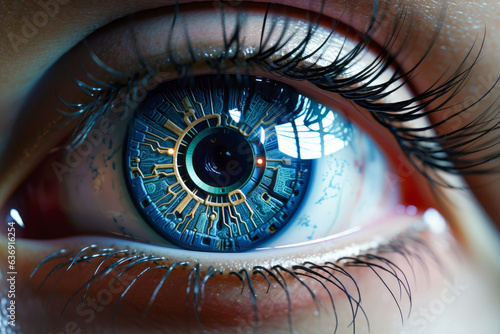 Futuristic AI eye with a digital interface, depicting the intersection of biotechnology and artificial intelligence