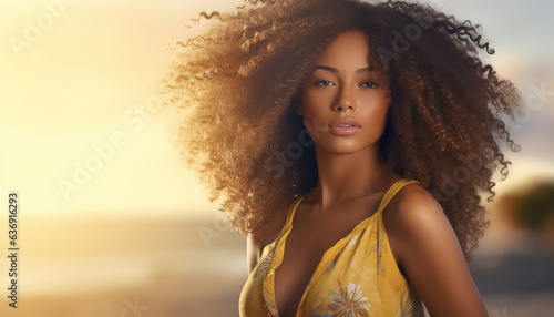 beautiful african woman with large hair on beach