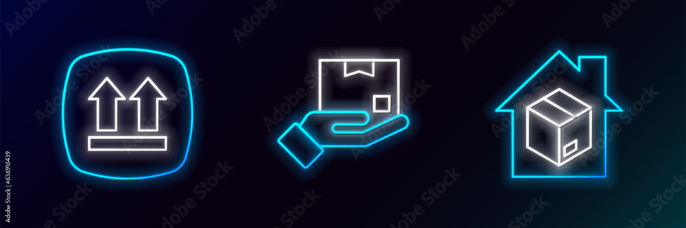 Set line Home delivery services, This side up and Delivery hand with box icon. Glowing neon. Vector Set line Home delivery services, This side up and Delivery hand with box icon. Glowing neon. Vector