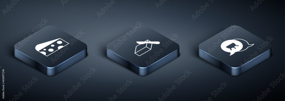 Set Isometric Cheese, Udder and Butter in a butter dish icon. Vector Set Isometric Cheese, Udder and Butter in a butter dish icon. Vector
