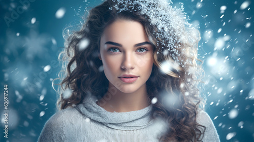 Portrait of beautiful model with Brown-hair in blue colors for an advertisement for winter cosmetics brand. Trend for individuality and naturalness. Banner. Generative Ai content.