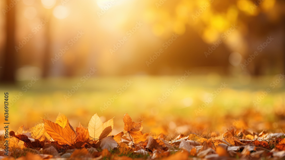 Idyllic fall leaf meadow background in sunshine. Autumn park. Generative AI.