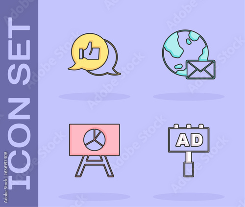 Set Advertising, Customer product rating, Board with graph chart and Earth globe mail icon. Vector