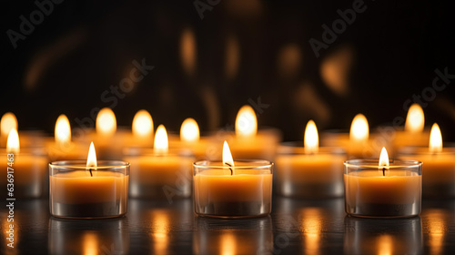 Focus on three lighted candles in front of many others. Generative AI