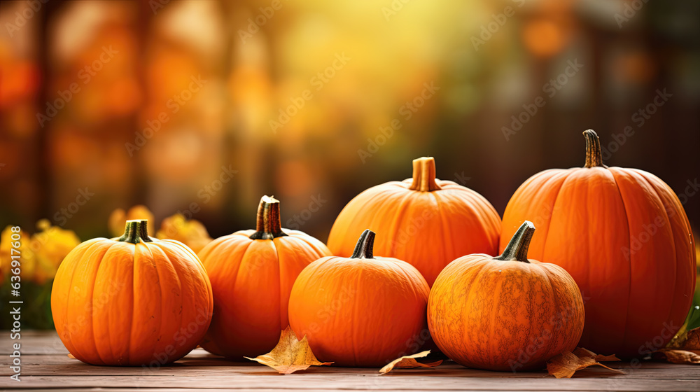 Thanksgiving - Ripe Pumpkins In Field At Sunset. Generative AI. Thanksgiving - Ripe Pumpkins In Field At Sunset. Generative AI.