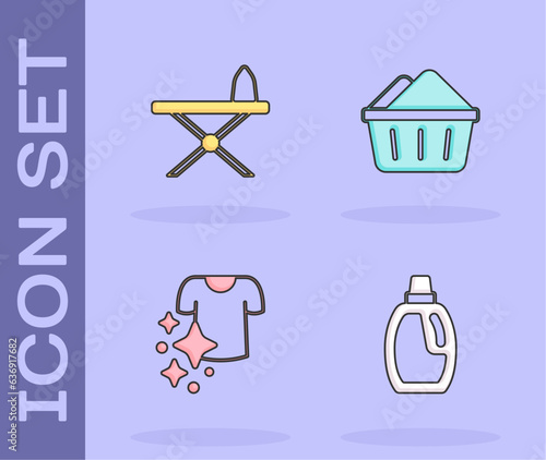 Set Bottle for cleaning agent, Iron and ironing board, Drying clothes and Basin with soap suds icon. Vector