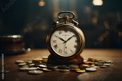time is money concept with coins stack and alarm clock.  