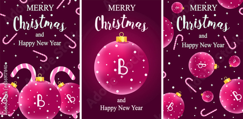 Set of Pink Christmas Card Cover in trendy style. Xmas 2024 poster with Christmas ball and snowflakes. New Year banner in pink Trendy Girl style for website. Vector Art. 