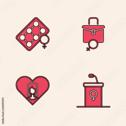 Set Debate podium rostrum, Packaging of birth control pills, Work for female and Heart with icon. Vector