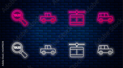 Set line Car, Cable car, Magnifying glass and taxi and . Glowing neon icon on brick wall. Vector