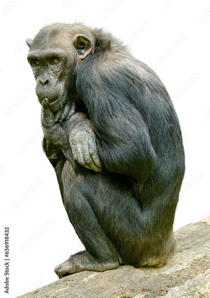 chimpanzee sitting on a log and thinking chimpanzee sitting on a log and thinking