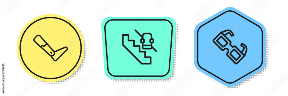 Set line Prosthesis leg, Disabled elevator and Eyeglasses. Colored shapes. Vector Set line Prosthesis leg, Disabled elevator and Eyeglasses. Colored shapes. Vector