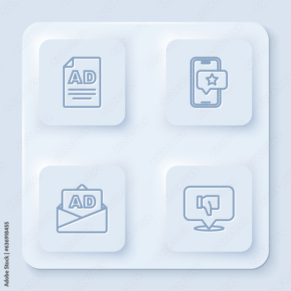 Set line Advertising, Mobile with review rating, and Dislike speech bubble. White square button. Vector Set line Advertising, Mobile with review rating, and Dislike speech bubble. White square button. Vector