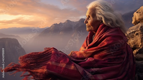 Elderly woman on outdoor sitting looking away on top of a mountain. Woman enjoying recreational activities after retirement. Active retired people concept. AI photography..