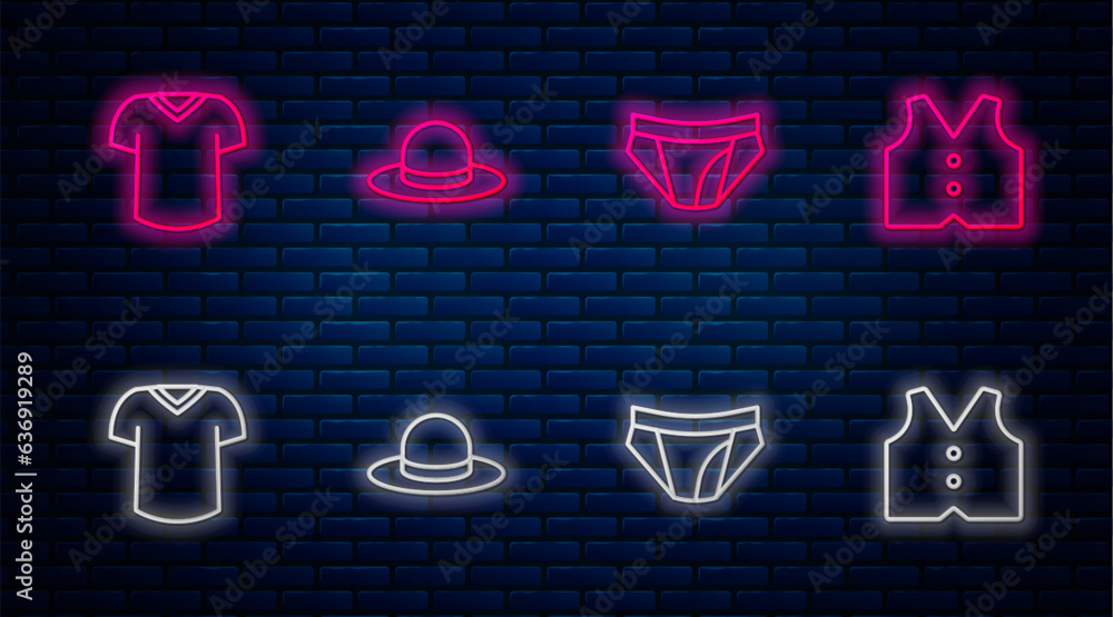 Set line Man hat, Men underpants, T-shirt and Waistcoat. Glowing neon icon on brick wall. Vector Set line Man hat, Men underpants, T-shirt and Waistcoat. Glowing neon icon on brick wall. Vector