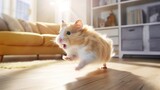 A hamster escapes from its cage and explores the house.