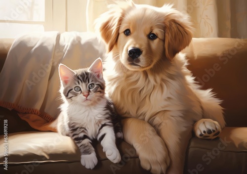 Cat and dog lying on the couch