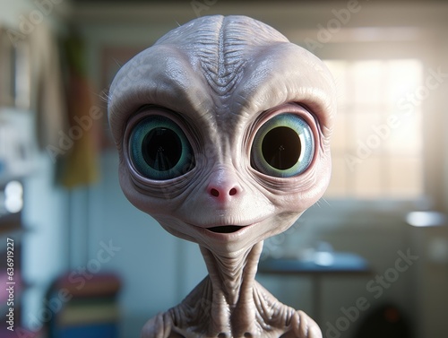 a slim grey alien with big eyes looks directly into the camera as a teacher
