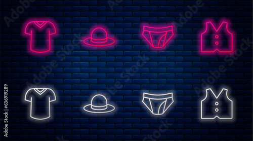 Set line Man hat, Men underpants, T-shirt and Waistcoat. Glowing neon icon on brick wall. Vector