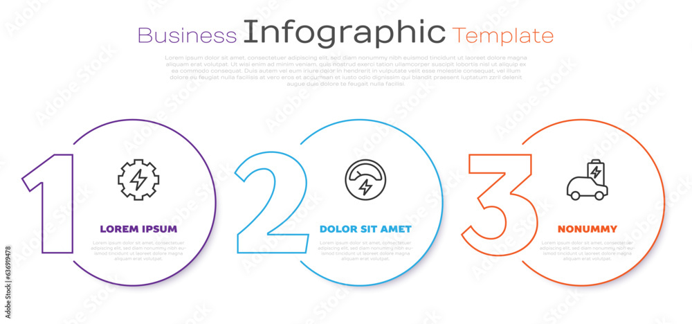 Set line Gear and lightning, Voltmeter and Electric car. Business infographic template. Vector Set line Gear and lightning, Voltmeter and Electric car. Business infographic template. Vector