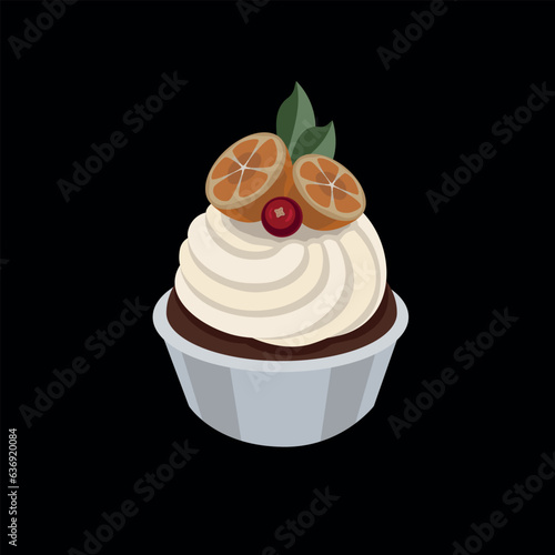 Cake, cupcake with small oranges, red currants, cream, black background