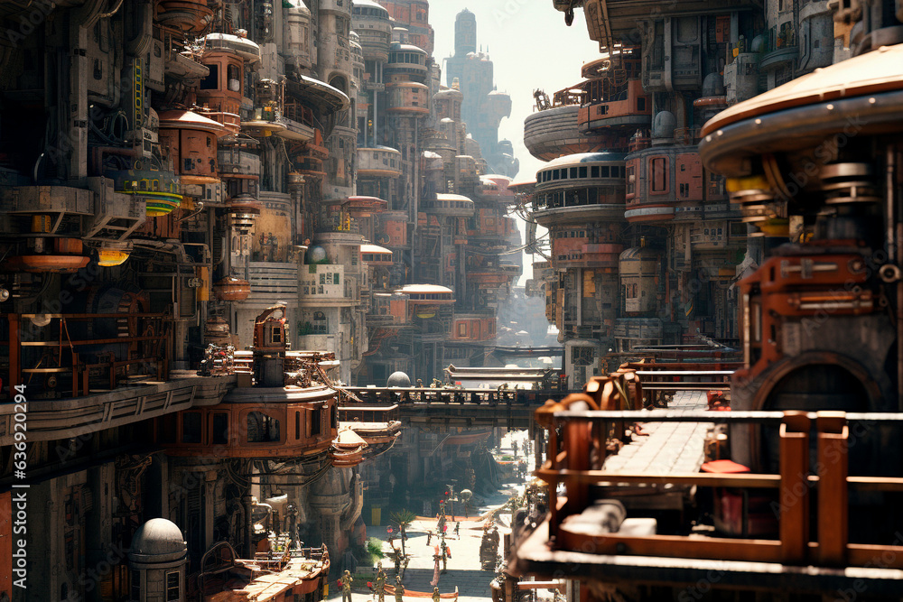 Street photo of a steampunk metropolis
