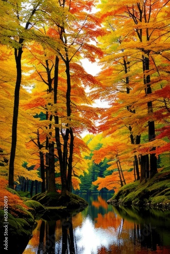 Tranquil autumn forest reflects vibrant beauty in nature generated by AI 