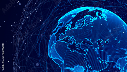 Planet Earth. Network or connection. World wide web. Globe. Abstract digital background. Cyber illustration of points and lines. 3d rendering