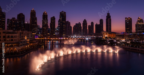 Unique view of Dubai Dancing Fountain show at night. 