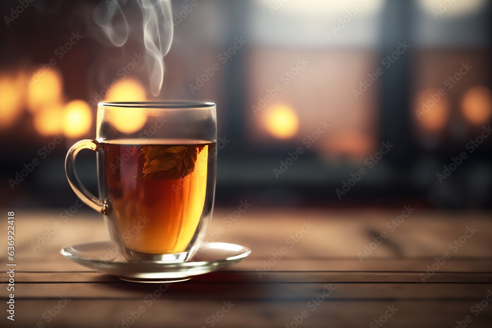Cup of tea with steam on the wooden table. Generated by Ai Cup of tea with steam on the wooden table. Generated by Ai