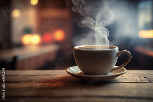 Cup of coffee with steam on the wooden table. Generated by Ai
