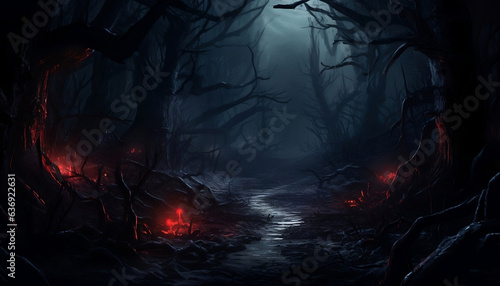 spooky glowing red lights in the forest
