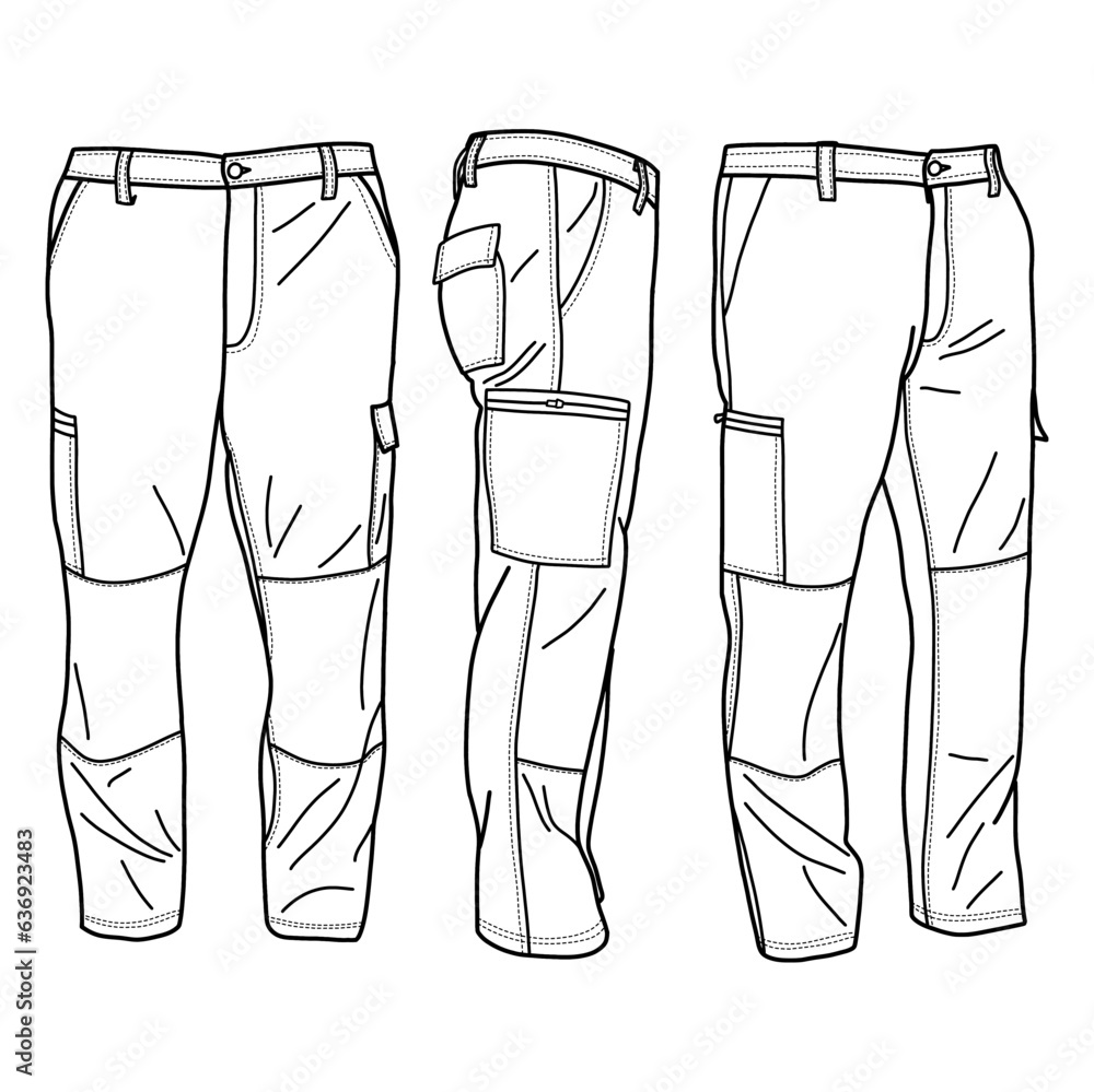 Technical sketch drawing of mens cargo Pants vector template, front ...