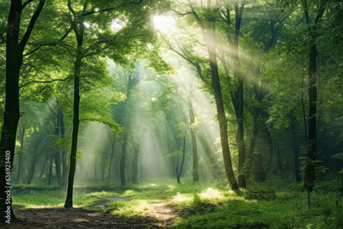 Fantastic view of the sun shining brightly through the trees of a beautiful forest against the backdrop of fresh greenery is an environmental and energy saving concept.