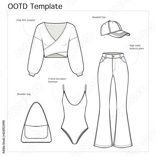 Summer In The City Outfit fashion flat technical drawing template. Outfit of the day Template. Bootcut jeans, crop knit top, shoulder bag, v-neck one-piece swimsuit, front view, set, CAD mockup.