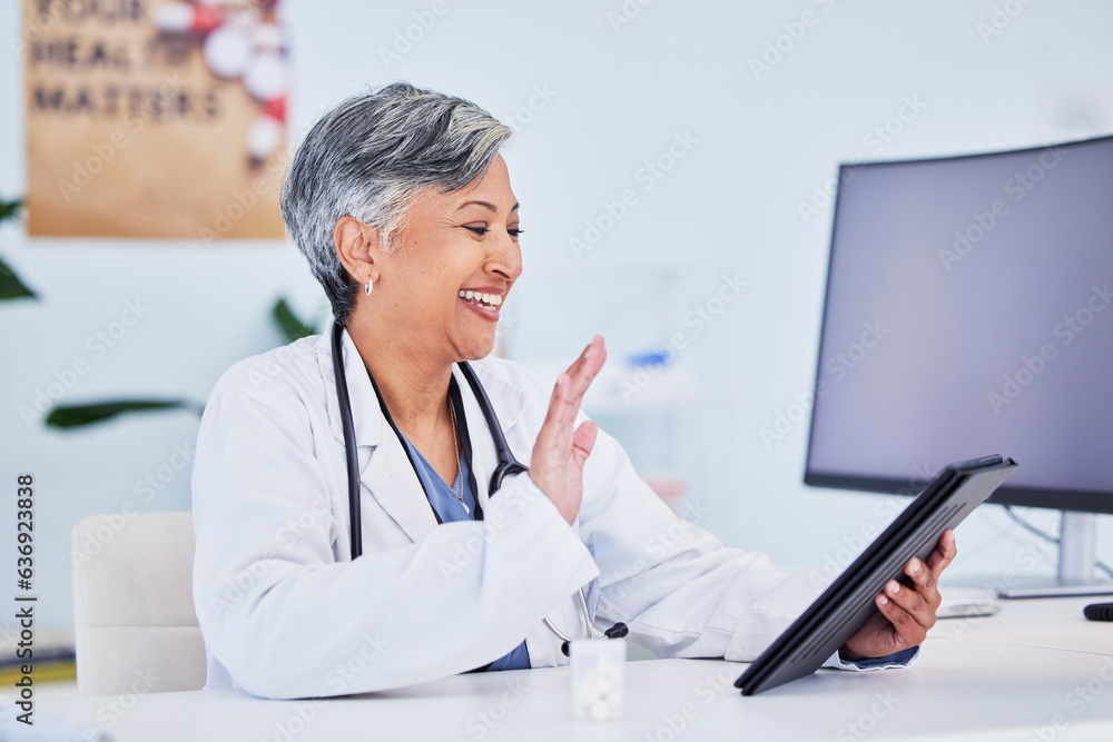 Hello, woman and doctor with a tablet, video call and connection with healthcare, greeting and medical advice. Wave, employee and medical professional with technology, support and online consultation Hello, woman and doctor with a tablet, video call and connection with healthcare, greeting and medical advice. Wave, employee and medical professional with technology, support and online consultation