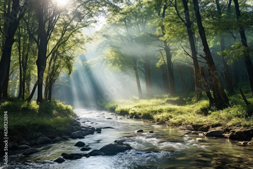 The fantastic view of the sun shining brightly and dazzlingly through the trees of a beautiful forest against a background of fresh green forests and clear streams.