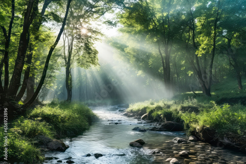 The fantastic view of the sun shining brightly and dazzlingly through the trees of a beautiful forest against a background of fresh green forests and clear streams.