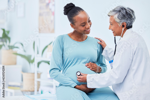 Black woman, pregnant and doctor listening to heart beat in checkup, appointment or visit at hospital. Happy African female person in maternity and mature medical or healthcare professional at clinic